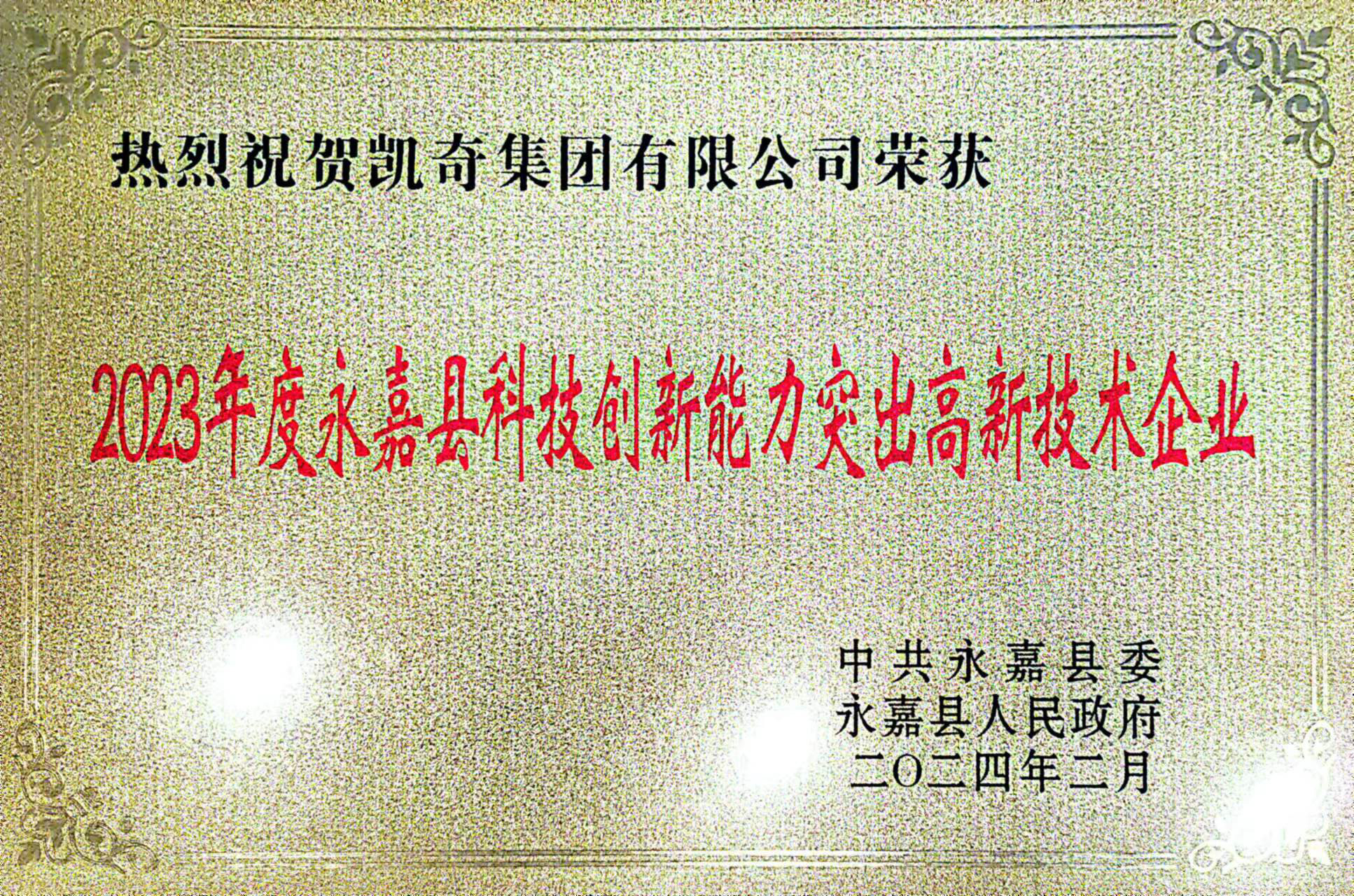 喜報！凱奇集團榮獲永嘉縣“功勛企業”等榮譽稱號